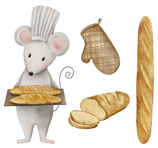 ilustrações de stock, clip art, desenhos animados e ícones de watercolor cute mouse baker holding a tray with baguettes. bakery products, oven mitt. - cartoon chef mouse rat