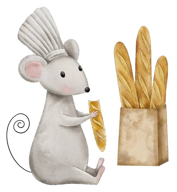 ilustrações de stock, clip art, desenhos animados e ícones de watercolor cute mouse-baker eats a baguette, a bag of french baguettes, a hand-drawn illustration - cartoon chef mouse rat