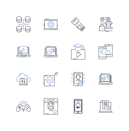 Portable electronics outline icons collection. Smartph, Tablet, Laptop, E-reader, Smartwatch, Headphs, Speaker vector and illustration concept set. Powerbank,Earbuds linear signs and symbols