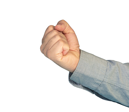 man hand fist isolated on white background. fist threat, gesture . fist pointing to the side.