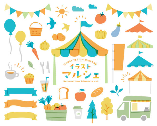 zestaw ilustracji w stylu doodle marche i market. - farmers market illustrations stock illustrations