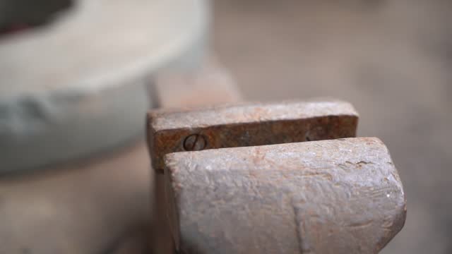 Old rusty vise close-up, smooth camera movement