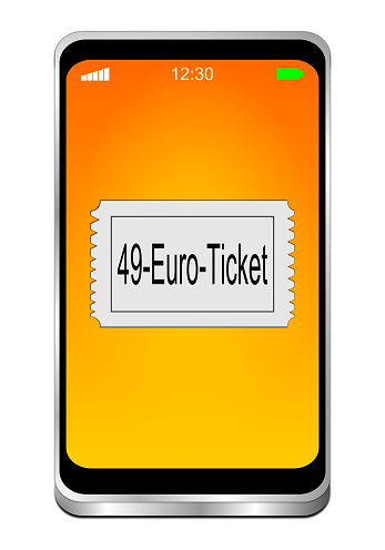 smartphone with white 49 Euro Ticket on orange display - 3D illustration