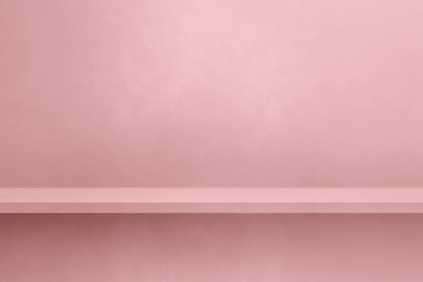 istock Empty shelf on a light pink concrete wall. Background template. Horizontal mockup 1485962671
