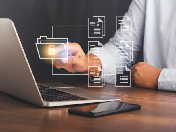 istock Businessman using finger touch security icon on the virtual screen for unlocking to documentation database. 1485963170