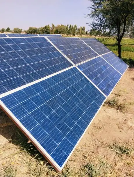 Solar panels installed in agriculture field under sun for irrigation tube well on solarenergy paneles solares, panneaux solaires, paineis solares, view image picture stock photo.
