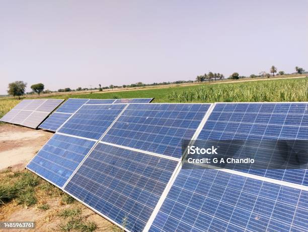 Solar Panels Installed In Agriculture Field Under Sunlight For Irrigation Tube Well On Solarenergy Paneles Solares Panneaux Solaires Paineis Solares View Image Picture Stock Photo Stock Photo - Download Image Now