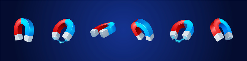 Icons of magnet in horseshoe shape with electromagnetic force field. 3d magnet with red and blue parts and electric lightning, vector realistic set isolated on background