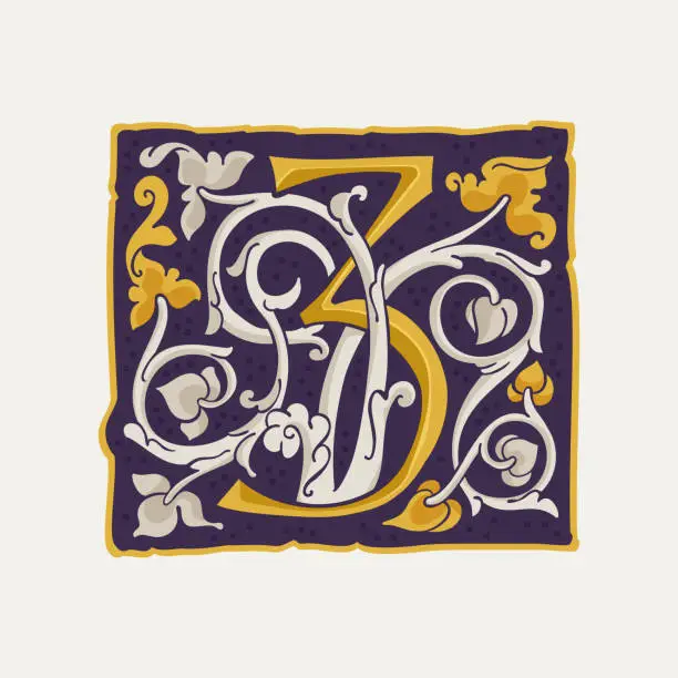 Vector illustration of 3 logo. Number three drop cap. Medieval initial with gold texture and white vine. Renaissance calligraphy emblem.