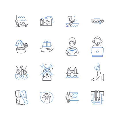 Media and communication outline icons collection. Intermittance, Transmission, Histrionics, Projection, Lexicon, Credibility, Immediacy vector and illustration concept set. Conveyance,Discourse linear signs and symbols