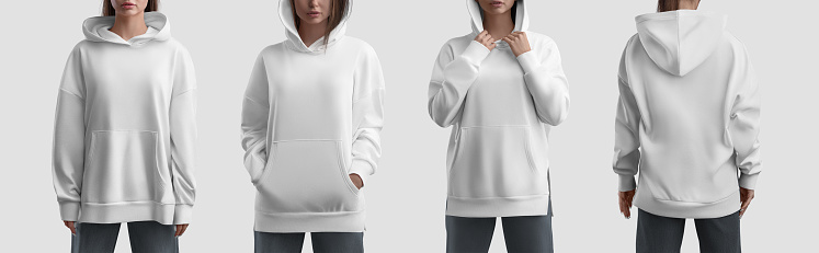 Mockup of a long white hoodie with slits, pocket, on the girl, front, back, clothes for design, brand. Product photography set for commerce. Apparel template, female shirt isolated on background.