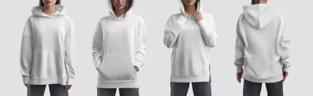 Mockup of a long white hoodie with slits, pocket, on the girl, front, back, clothes for design, brand. Set. Mockup of a long white hoodie with slits, pocket, on the girl, front, back, clothes for design, brand. Product photography set for commerce. Apparel template, female shirt isolated on background. hooded-shirt stock pictures, royalty-free photos & images