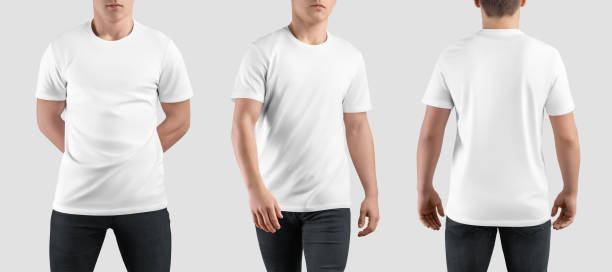 istock White t-shirt mockup on guy, front, back view, stylish shirt isolated on background. Set 1485969714