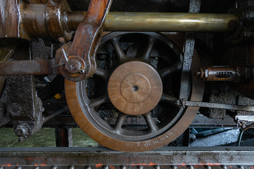 Detail from an old steam locomotive exposed in Plachkovtsi town near Tryavna town in Bulgaria, Europe.