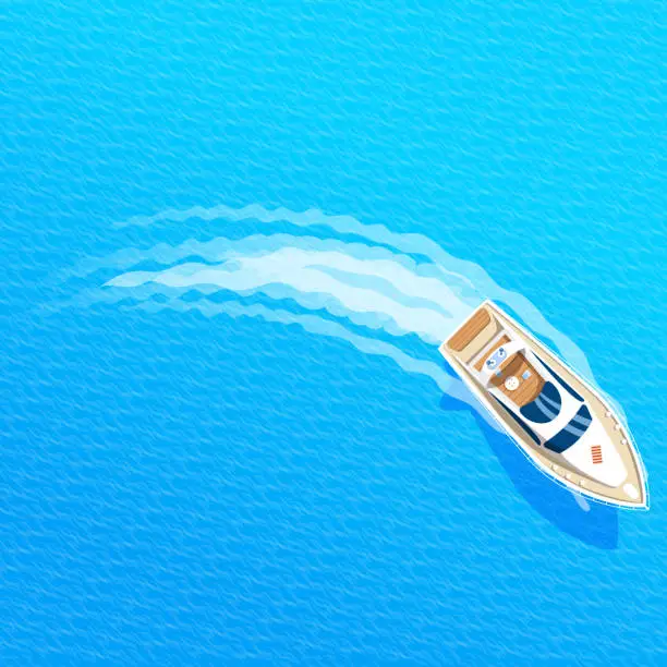 Vector illustration of White luxury yacht, vessel with cabin as water transport. Ship is in roads in harbor commercial boat