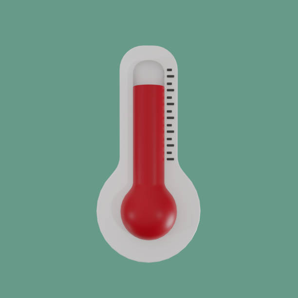 Thermometer 3D render illustration icon. Red thermometers measuring heat temperature. stock photo