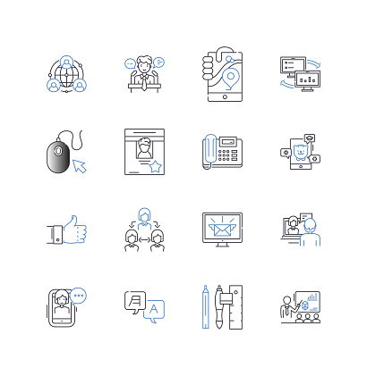 Market sector outline icons collection. Technology, Healthcare, Finance, Retail, Construction, Hospitality, Agriculture vector and illustration concept set. Manufacturing,Transportation linear signs and symbols