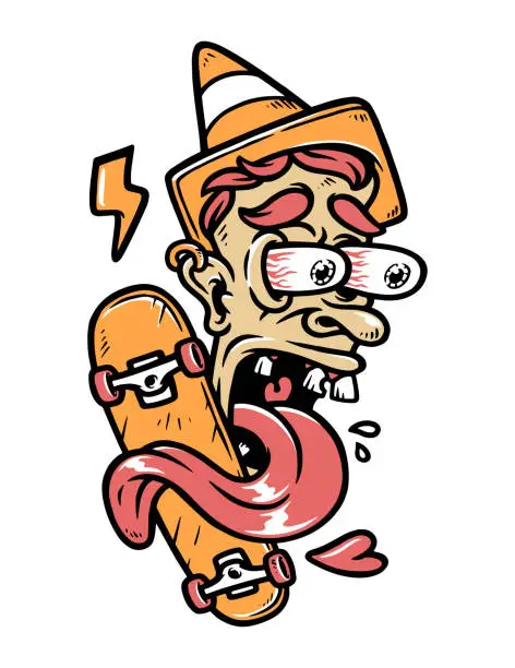 Vector illustration of funny face people and skateboards