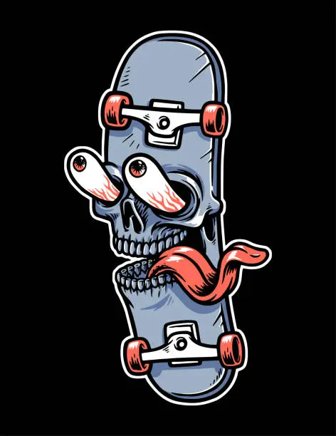 Vector illustration of funny skull face skateboard illustration