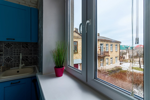 View from the kitchen window to the old courtyard.