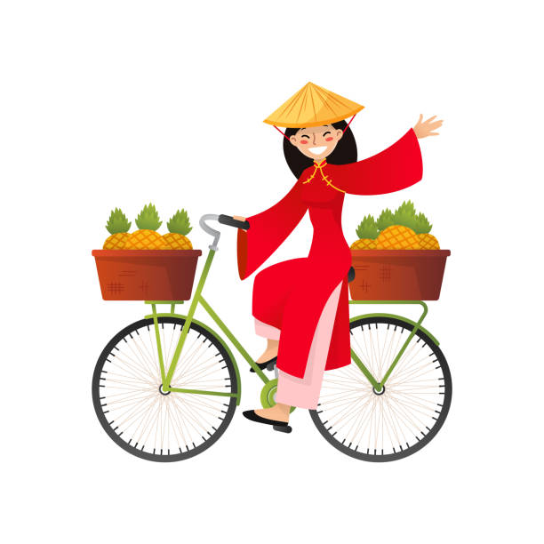 Vietnamese girl riding a bike vector art illustration