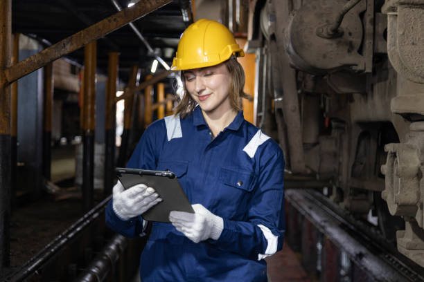istock Engineer train Inspect the train's diesel engine, railway track in depot of train 1485976100