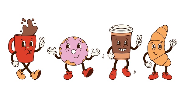 Set groovy retro cartoon coffee characters. Red mug, coffee to go, donut, croissant with eyes and gloved hands. Isolated flat illustration in style 60s 70s
