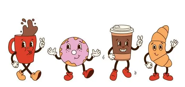 Vector illustration of set 4 groovy coffee characters