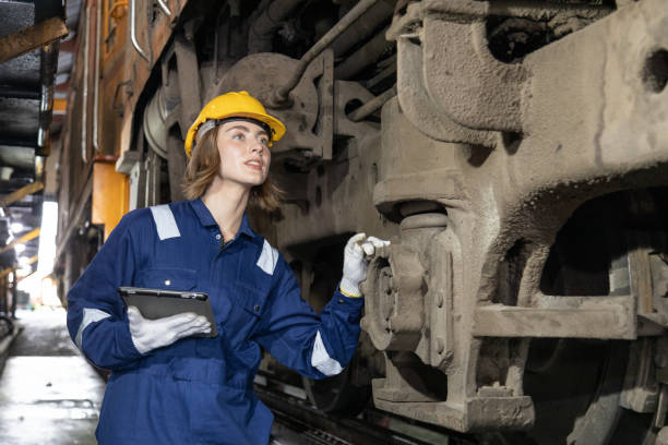 istock Engineer train Inspect the train's diesel engine, railway track in depot of train 1485976171