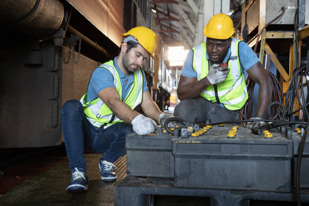 istock Engineer train Inspect the train's diesel engine, railway track in depot of train 1485976589
