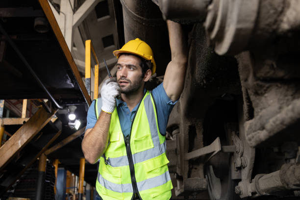 istock Engineer train Inspect the train's diesel engine, railway track in depot of train 1485976720