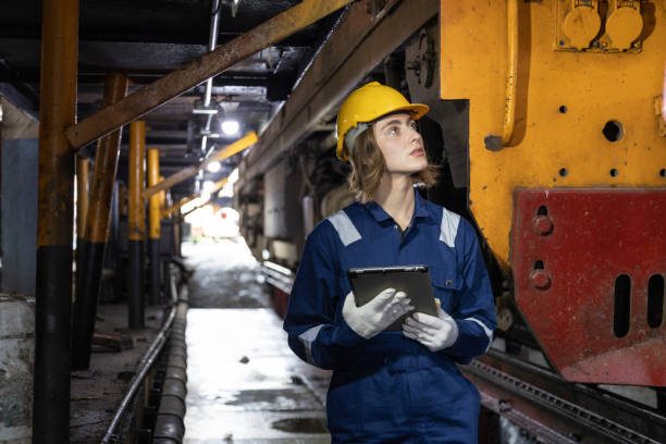 istock Engineer train Inspect the train's diesel engine, railway track in depot of train 1485977454