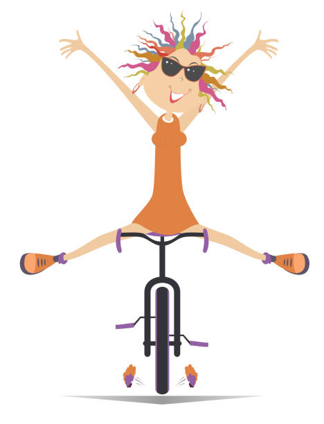漫画のサイクリストの女性が自転車に乗る - bicycle isolated white background cycling点のイラスト素材／クリップアート素材／マンガ素材／アイコン素材