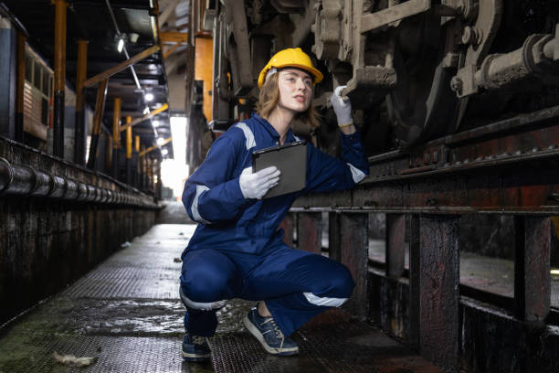 istock Engineer train Inspect the train's diesel engine, railway track in depot of train 1485977844