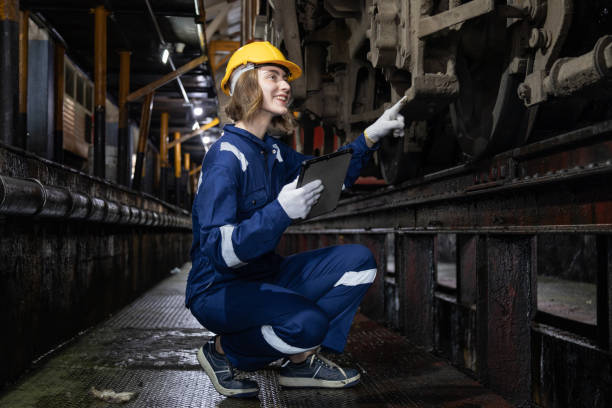 istock Engineer train Inspect the train's diesel engine, railway track in depot of train 1485978595