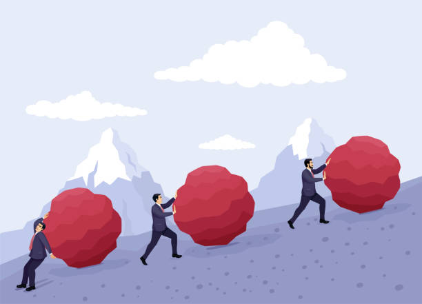 ilustrações de stock, clip art, desenhos animados e ícones de businessmen pushing huge stones uphill. business problem crisis hardship and burden concept. - determination rock climbing persistence effort