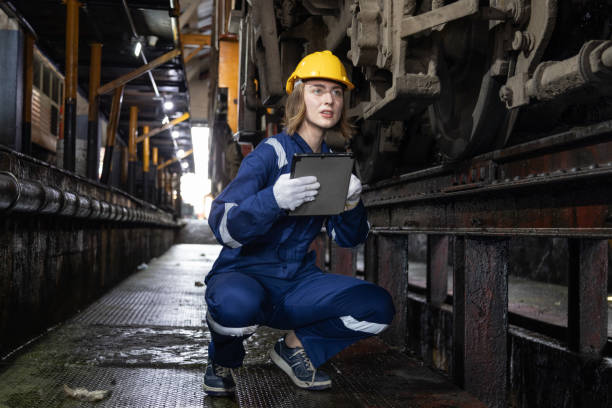 istock Engineer train Inspect the train's diesel engine, railway track in depot of train 1485978712