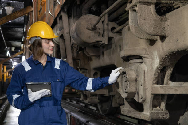 istock Engineer train Inspect the train's diesel engine, railway track in depot of train 1485978997