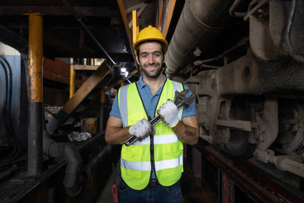 istock Engineer train Inspect the train's diesel engine, railway track in depot of train 1485979051