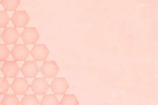 Vector illustration of Light pale pastel pink or peach coloured monochrome grunge textured faded weathered smudged horizontal vector backgrounds with faint pattern of grid of small hexagon shapes connected by triangles