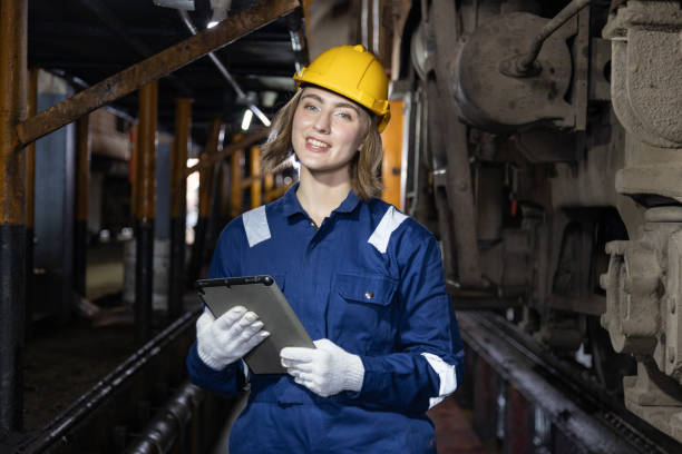 istock Engineer train Inspect the train's diesel engine, railway track in depot of train 1485979460