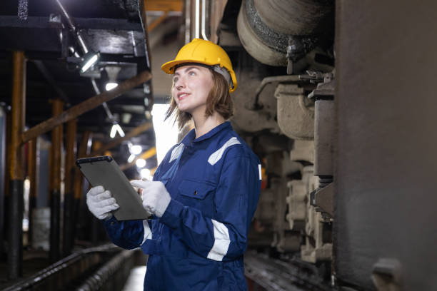 istock Engineer train Inspect the train's diesel engine, railway track in depot of train 1485979497