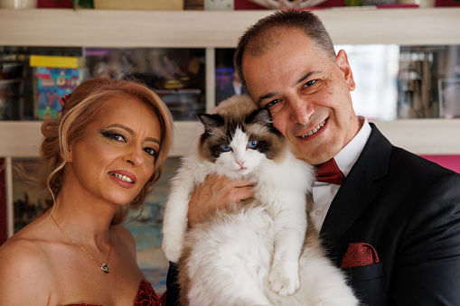 Portrait of elegant mature couple with their ragdoll cat at home