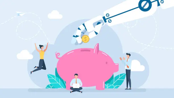 Vector illustration of Robot arm putting golden coin money into savings piggybank. Artificial Intelligence. Robot Hand saving coin in the piggy bank. Automatic investment or savings. Ai saving money. Flat illustration