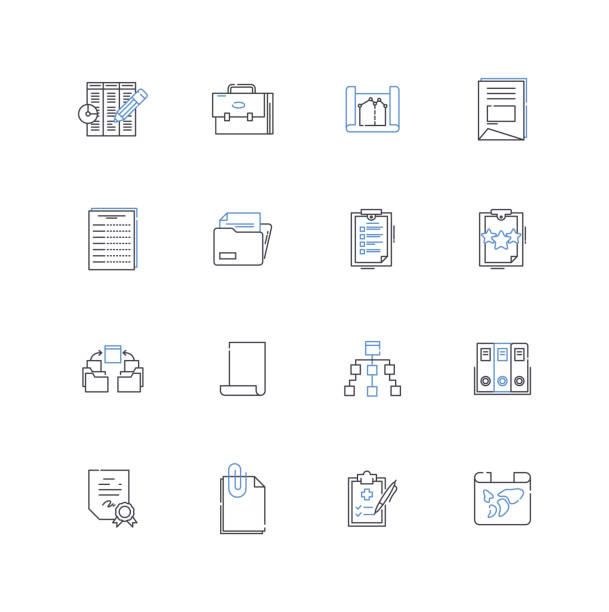 inventories and portfolios line icons collection. collections, stockpiles, holdings, repertoire, assortment, catalogue, arsenal vector and linear illustration. range,stockroom,depots outline signs set - arsenal stock illustrations