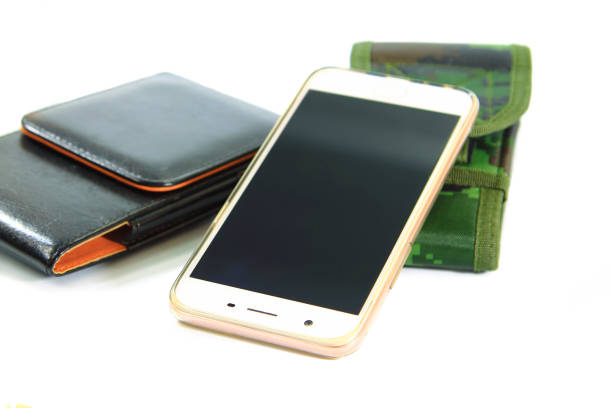 smartphone,casing green fabric camouflage pattern and black leather for protection smartphone isolated on white background.