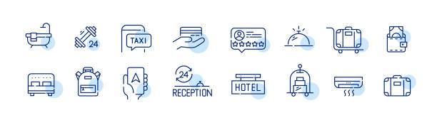 ilustrações de stock, clip art, desenhos animados e ícones de hotel accommodation travel and vacation hospitality industry icons. reception, porter, gym and other facilities. - compass key globe earth