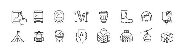 ilustrações de stock, clip art, desenhos animados e ícones de skiing or camping tours icons. tourism and hiking. pixel perfect, editable stroke line set - compass key globe earth