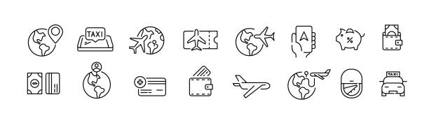 ilustraciones, imágenes clip art, dibujos animados e iconos de stock de viajes, vacaciones y viajes en avión. destino, ahorro, métodos de pago, etc. conjunto de iconos de trazo editables y perfectos para píxeles - compass key globe earth