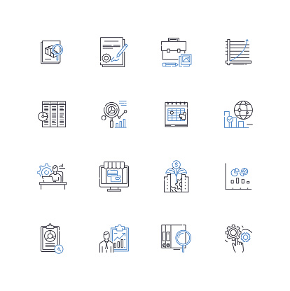 Information cataloging software outline icons collection. Organization, Cataloging, Information, Management, Sorting, Tracking, Categorizing vector and illustration concept set. Digital,Storage linear signs and symbols